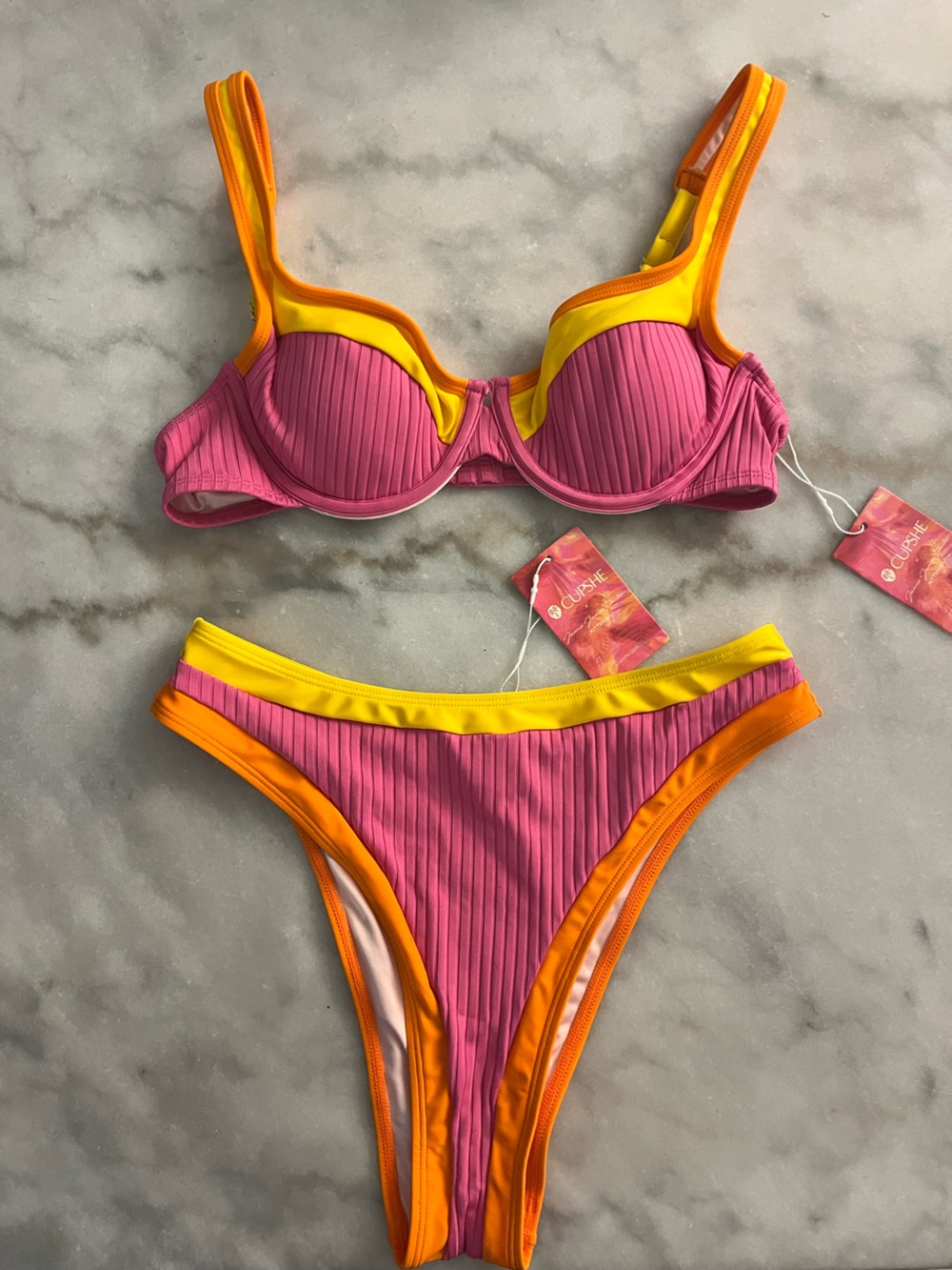 Cupshe Pink Bikini with Yellow & Orange Trim